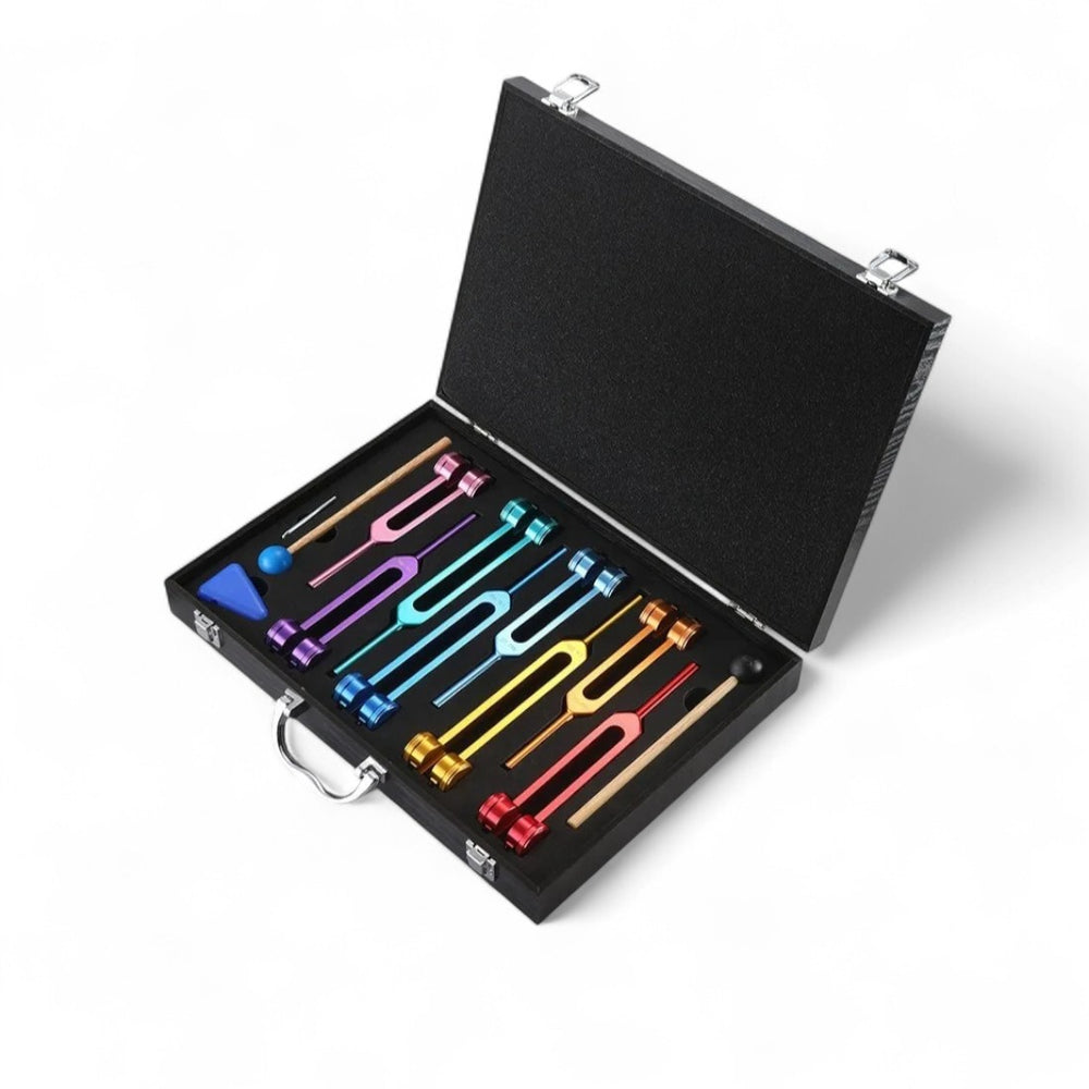 Coffret noir ougvert contenant 8 diapasons colorés au couleurs de l'arc en ciel, avec 2 maillets en bois, activateur triangulaire bleu; posé sur  sur fond blanc